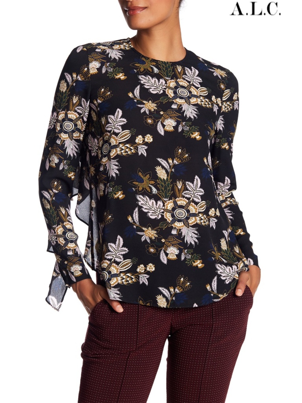 A.L.C. WOMEN NWT COOPER 100% SILK L/S OPEN BACK BLACK MULTI BLOUSE. SIZE 4